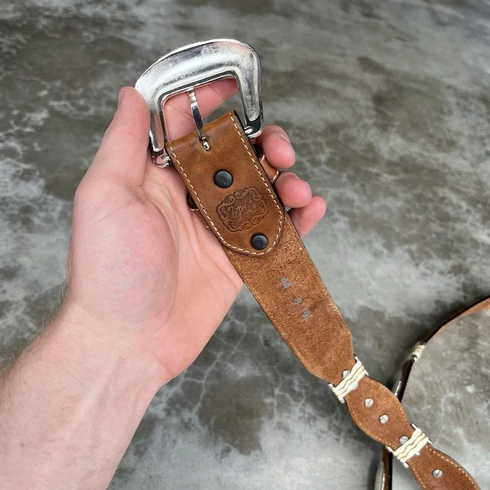 True Vintage Tony Lama Brown Leather Belt Studded Silver Size 44